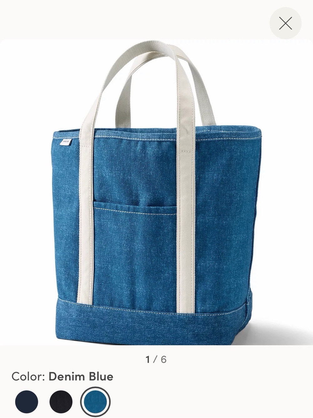 Lands' End Denim Blue Canvas Tote with Cream Regular Length Handles